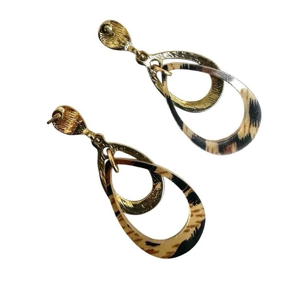 Tortoise shell gold tone rhinestone teardrop earrings - Picture 5 of 6